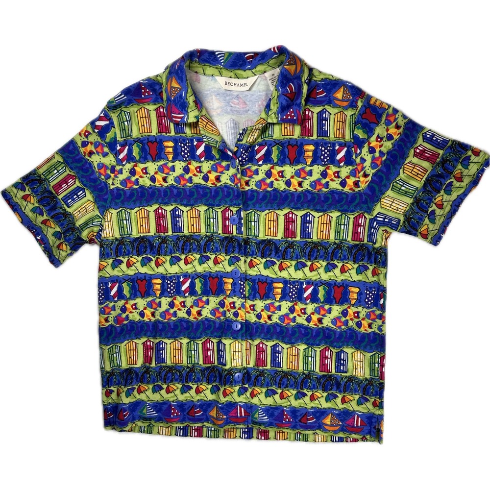 Vintage Bechamel Shirt M Hawaiian Beach Sailboat Fish Cabana 90s Camp Button Up